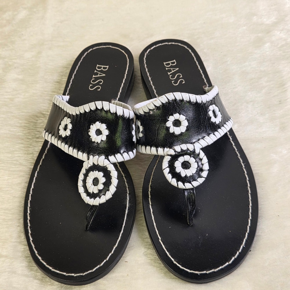 Bass Sundancer Thong Sandals Black White Leather Whipstitch Women 8M Excellent